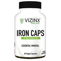 VIZINX IRON CAPS 18 mg 60 Veggie Caps- Choice form of organic chelated iron (Ferrous Fumarate) tends to cause fewer symptoms of intestinal upset and is considered to be a non constipating form of iron