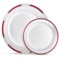 Laura Stein Designer Dinnerware Set | 64 Disposable Plastic Party Plates | Plates with Burgandy Rim & Silver Accents | Includes 32 x 10.75" Dinner Plates + 32 x 7.5” Salad Plates | Venetian