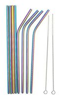 Wooer Set of 8 Stainless Steel Metal Straws Ultra Long Reusable Straws For Coffee Tumblers Cold Beverage (4 Straight| 4 Bend| 2 Brushes) (Rainbow, 10.5inch)