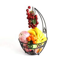 LVLONG 16 Inch Banana Basket Fruit Basket Bowl Table-top Silk Fruit Basket Bowl Holder with Banana Hook Rack Black