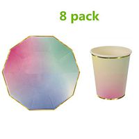 8 pack Bright Disposable Paper Tableware Set, Dinner Paper Tableware Plates Cups, Dish Paper Cups Party Decorations for Birthday, Kids Party, Tea Party, Weddings and Birthday Party