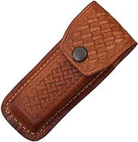 Sheath Folding Knife Sheath, Brown leather w/ embossed basketweave, 4.5-5.25i...