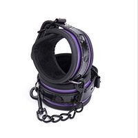 HZS High Quality PU Lovers Flirting Toys Purple Black Edging Handcuffs Black Chain Tied Tethered Leather Belt Adjustable Size Length T-Shirt