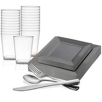 Disposable Plastic Dinnerware Set for 60 Guests - Includes Fancy Square Silver Dinner Plates, Dessert/Salad Plates, Silverware Set/Silver Cutlery & Cups For Wedding, Birthday Party & Other Occasions