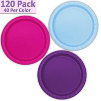 120 Paper Dessert Plates (7") - Light Blue, Neon Pink, Deep Purple - 40 Per Color, 3 Colors - Great Assortment for Birthday Parties, Weddings, Holidays, Baby Shower, Celebrations, and more