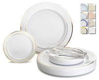 " OCCASIONS" 600 Pcs Set & 120 Guest Wedding Disposable Plastic Plate & Silverware Combo Set (White & Gold Rim plates, Silver Silverware)