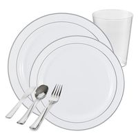 Posh Party Supplies | Rimini White with Silver Rim GRAND Disposable Plastic Tableware Package for 20 Guests | Dinner & Dessert Plates, Plastic Tumblers & Plastic Silver Cutlery | 120 Piece Total