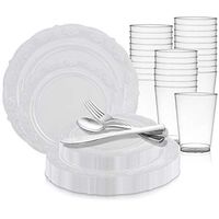 Disposable Plastic Dinnerware Wedding Value Set for 60 Guests - Includes Fancy Round White Dinner Plates, Dessert/Salad Plates, Silver Cutlery Set & Cups For Christmas, Birthday Party & All Occasions