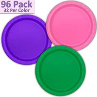 96 Paper Dinner Plates (9") - Hot Pink, Neon Purple, Emerald Green - 32 Per Color, 3 Colors - Great Assortment for Birthday Parties, Weddings, Holidays, Baby Shower, Celebrations, and more