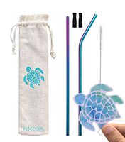 VSCO Set of 1 Straight + 1 Bent + 1 Brush,Rainbow Color Metal Straws Stainless Steel Straws Drinking Reusable 8.5" Long 6mm Diameter With 2 Black Silicone Tips + 1 Ocean Blue Watercolor Turtle Sticker