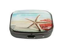 XUTAI Custom Personalized Square Stainless Steel Gun Silver Glass Travel Pill Case Vitamin Decoration Box (Ocean Sand Stars Starfish sea Beaches)