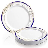 Elegant Disposable Plastic Dinner Plates 120 Pcs - 10.25" Heavy Duty Fancy White with Blue & Gold Rim Dinner Plates - Reusable Bulk Party Supplies For Wedding, Easter, Birthday & All Occasions