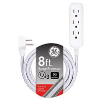 GE Pro 3-Outlet Power Strip with Surge Protection, 8 Ft Designer Braided Extension Cord, Grounded, Flat Plug, 250 Joules, Warranty, UL Listed, Gray/White, 38433