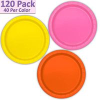 120 Paper Dessert Plates (7") - Hot Pink, Neon Yellow, Orange - 40 Per Color, 3 Colors - Great Assortment for Birthday Parties, Weddings, Holidays, Baby Shower, Celebrations, and more