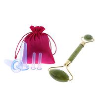 Traditional Chinese Jade Natural Stone Roller Massager + 4 Pieces AntiCellulite Massage Vacuum Cupping Cups Kit + Storage Bag