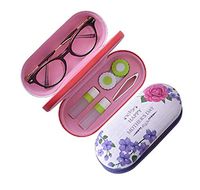 Candy House Dual Glasses and Contact Lens Case Kit - Double Sided 2 in 1 Portable Case with Mirror, Tweezers and Applicator Included (Purple Flower)