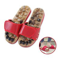 J-kin Foot Massager Shoes Shiatsu Relax Sandals with Natural Cobblestone Stones, Massage Slippers, Red (W (9-10.5) / M (8-9.5))