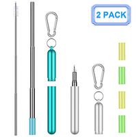 2 Pack Collapsible Reusable Straws Telescopic Stainless Steel Metal Straws with Portable Aluminum Travel Case & Cleaning Brush & Keychain & Silicone Tips for Cold or Hot Drinks (Sliver/Light Blue)