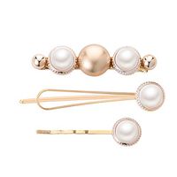 HNTDG INS Women's Gold Minimalism Girl Pearl Three-piece Diamond Hairpin Hair Accessories Gift Set