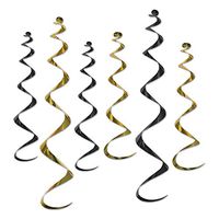 Club Pack of 36 Metallic Black and Gold Twirly Whirly Hanging Decorations 36"