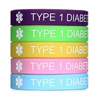 JF.JEWELRY Type 1 Diabetes Medical Alert Silicone Bracelet for Kids & Women 7.5 inches,Pack of 5