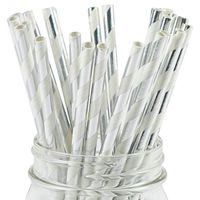 Paper Straws Silver Foil Striped Pattern - Eco Friendly Wedding Straws - Dozens of Designs & Perfect For Any Party! Frozen Dessert Supplies - 25 Count