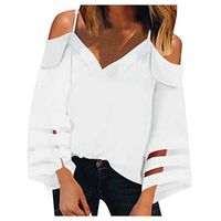 Cenglings Women Sexy Spaghetti Strap Long Sleeve Cold Shoulder Tops Loose V Neck Mesh Panel 3/4 Bell Hollow Out Top Shirt White