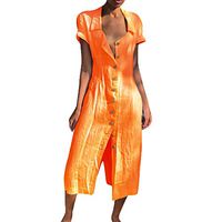 EDC 2019 Women's Solid Blouse Dresses Vintage Casual Loose V-Neck Button Short Sleeve Slimming Party Long Shirts Dress (Orange, L)