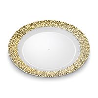[32 Count - 10 Inch Plates] Laura Stein Designer Tableware Premium Heavyweight Plastic White Dinner Plates With Gold Border, Party & Wedding Plate, Glitz Series, Disposable Dishes