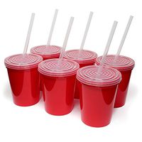 Rolling Sands 16oz Reusable Plastic Stadium Red Cups with Lids, 6 Pack, USA Made. BPA-Free Dishwasher Safe Plastic Tumblers and Lids, Includes 6 Reusable Straws