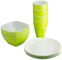 PLASTI HOME Reusable Plastic Dinnerware Set (12pcs) – Ideal For Kids. Fancy Hard Plastic Plates, Bows & Cups In Green Colors – Microwaveable & Dishwasher Safe Flatware & Tumblers For Daily Use,