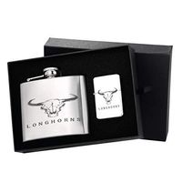 Longhorns Cow Skull Stainless Steel Liquor Shot Flask Flip Top Silver Lighter Gift Set