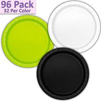96 Paper Dinner Plates (9") - White, Neon Green, Black - 32 Per Color, 3 Colors - Great Assortment for Birthday Parties, Weddings, Holidays, Baby Shower, Celebrations, and more