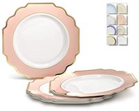 " OCCASIONS" 40 Plates Pack, Heavyweight Disposable Wedding Party Plastic Plates (8'' Appetizer/Dessert Plate, Imperial in White/Blush & Gold)