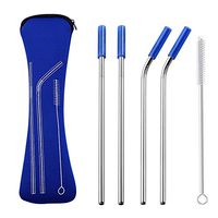 Connoworld Reusable Stainless Steel Straws Kit Tools, Includes 2 Straight Drinking Straws + 2 Bent Drinking Straws + 1 Cleaning Brush + 4 Detachable Silicone Tips Covers Dark Blue