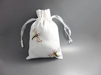 White Linen Gift Bags Drawstring Embroider Sachet Butterfly 5" x 7" Pack of 2