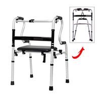 Elderly Walker with Seat, Portable Folding Height-Adjustable Aluminum Disabled Walking Frame, Four-Legged Walking Stick, Bathroom Chair