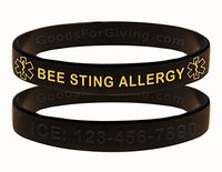 Custom Bee Sting Allergy ID Bracelet Wristbands - 2 Pack - Black - 8 Inches - Standard