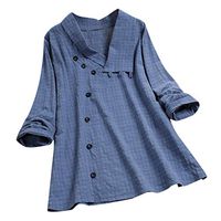 Women's Tunic Top Loose Long Sleeve V Neck Button Up Plaid Henley Shirts Blouse T Shirt(Blue,L)