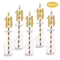 14th Birthday Paper Straw Decor, 24-Pack Real Gold Glitter Cut-Out Numbers Happy 14 Years Party Decorative Straws