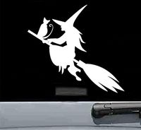 Witch and cat flying Vinyl Decal Sticker halloween broom decoration (WHITE)