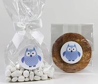 Blue Owl Baby Shower Treat Party Favor Bag Set for Boys with Stickers & Twist-Tie Satin Bows. 10 Ready-to-Use 11x5x3 Clear Cellophane Goodie Gift Bags, Bows and Stickers. Blue, White, Clear