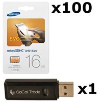 100 PACK - Samsung 16GB MicroSD HC Evo Class 10 UHS-1 TF MicroSDHC TransFlash High Speed Memory Card MB-MP16D 16G 16 GB GIGS (M.E16V.RTx100.550) LOT OF 100 with USB SoCal Trade© SCT Dual Slot MicroSD & SD Memory Card Reader - Retail Packaging