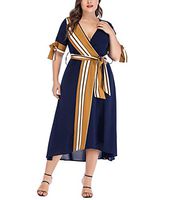 Graceful Plus Size Dress large size women's summer striped stitching fat MM skirt short sleeve dress (3XL)