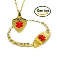 My Identity Doctor - Women's Custom Engraved Medical ID Bracelet and Heart Necklace - Stainless Steel, Curb Links, 8.5 Inches