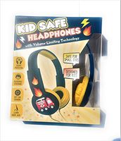 Kid safe Headphones over the ear black and yellow with fire truck and flames design volume limiting technology