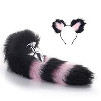 2pcs Metal Fox/Dog Tail Plug +Plush Ear Cat Women's Headwear Pop-Up Game Halloween Party Toy Love Role-Playing Gift Clothing Set（ Black and Pink）-L