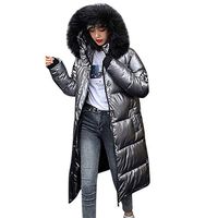 HNTDG Women Winter Mid Length Cargo Pocket Fur Hood Coat Thicker Warm Windproof Bright Surface Diamond Overcoat