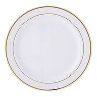BalsaCircle 20 pcs 10-Inch White with Gold Trim Plastic Round Plates - Disposable Wedding Party Catering Tableware