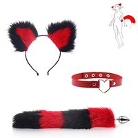3Pcs Collar+ B-ü-t-t P-l-ǔ-g Fox Tail Massager + Ears Headband Halloween Party Toys（Red & Black）-S
